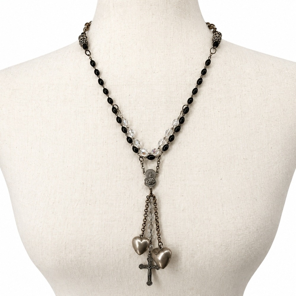 Dark Romantic Rosary Style Necklace Eclectic Sacred Heart Crucifix Maximalist